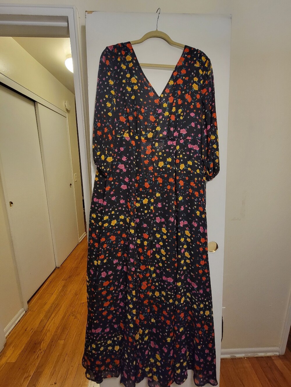 New York & Company Black Maxi Dress with Pink, Orange, and Yellow Floral Print